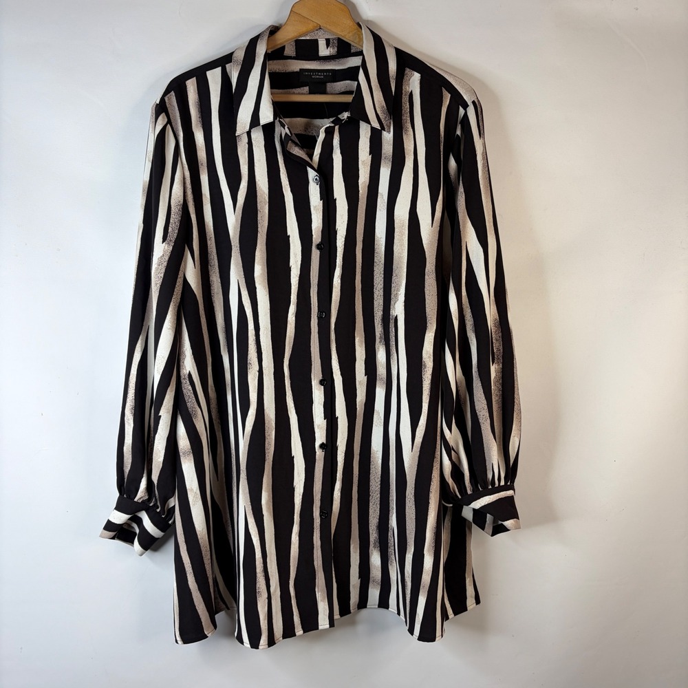 Investments Woman Blouse Women 2X Black White Tan Zebra Stripe Button Up Tunic